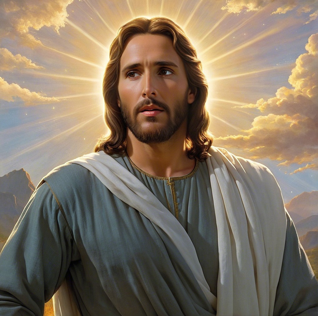 Serene figure in flowing robe against luminous backdrop