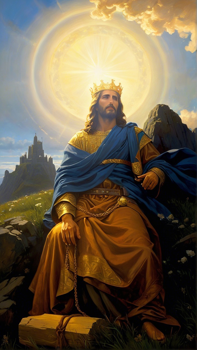 Regal Figure on Throne with Castle and Lush Landscape