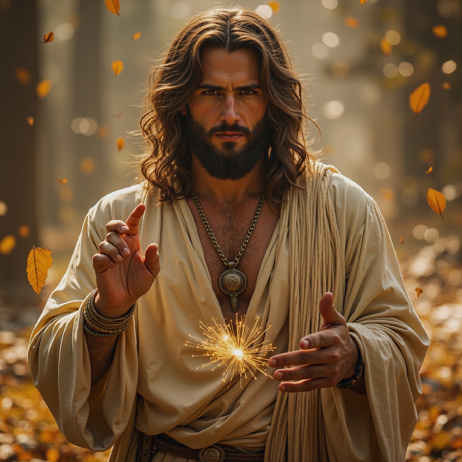 Man in Beige Robe Conjuring Light in Autumn Forest