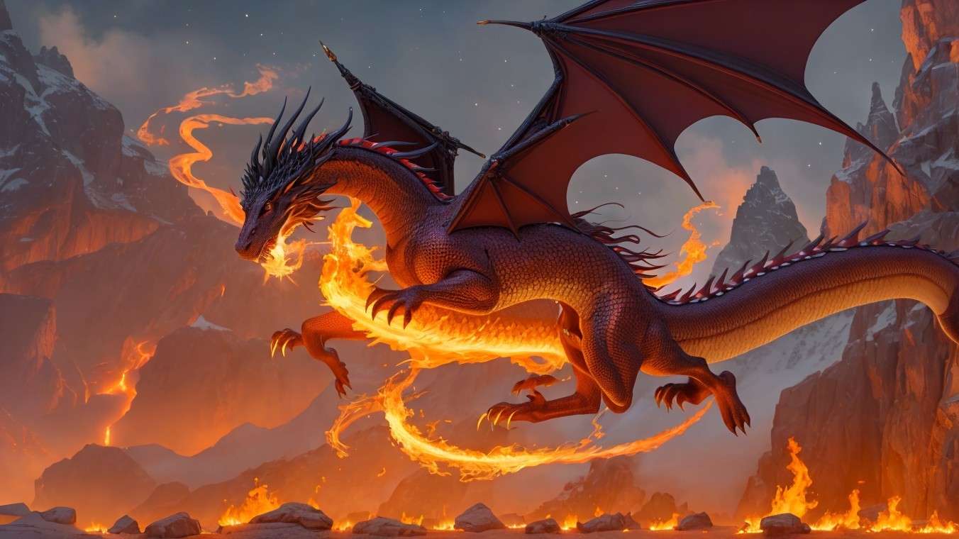 Majestic dragon in fiery landscape with rugged mountains