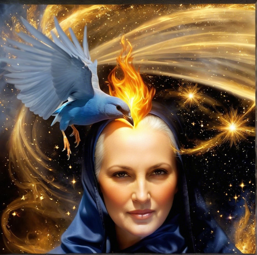 Mystical Woman with Silver Hair and Cosmic Elements