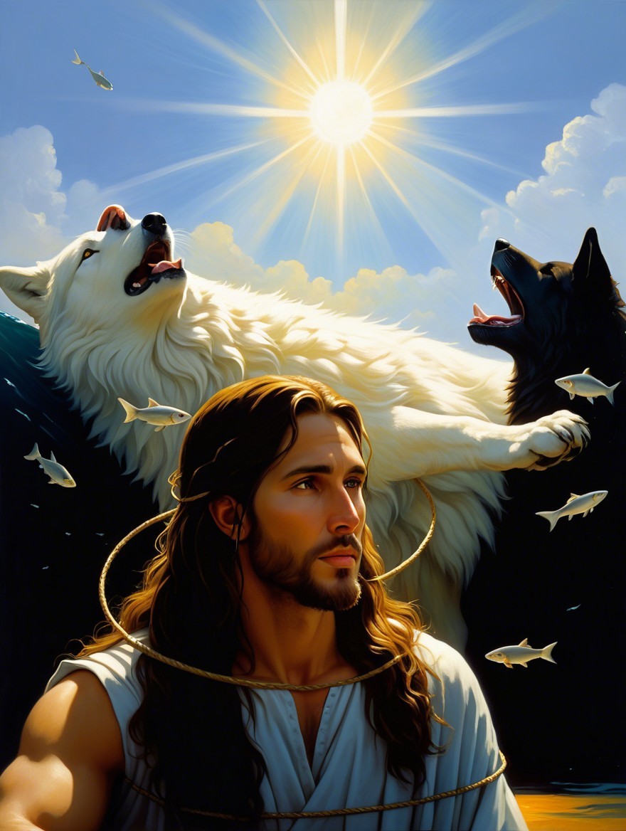 Serene Figure Surrounded by Nature and Wolves