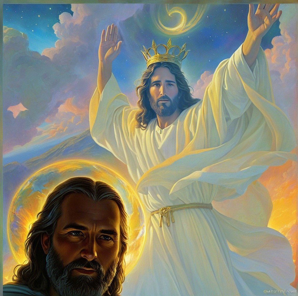 Majestic Figure in White Robes with Celestial Backdrop