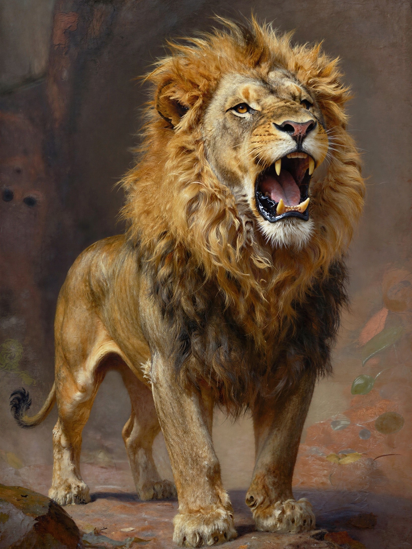 Full-body oil painting of a roaring lion in wilderness