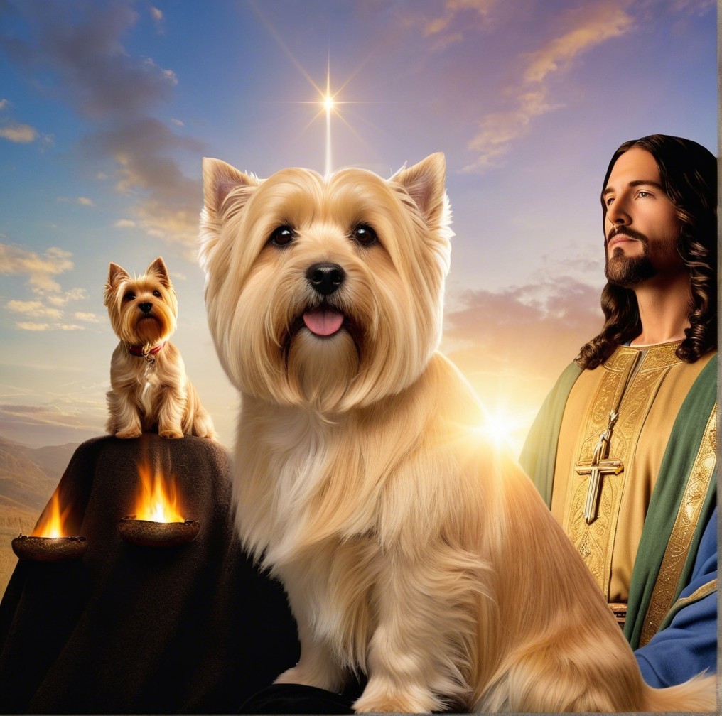 Golden-coated dog and serene landscape with light