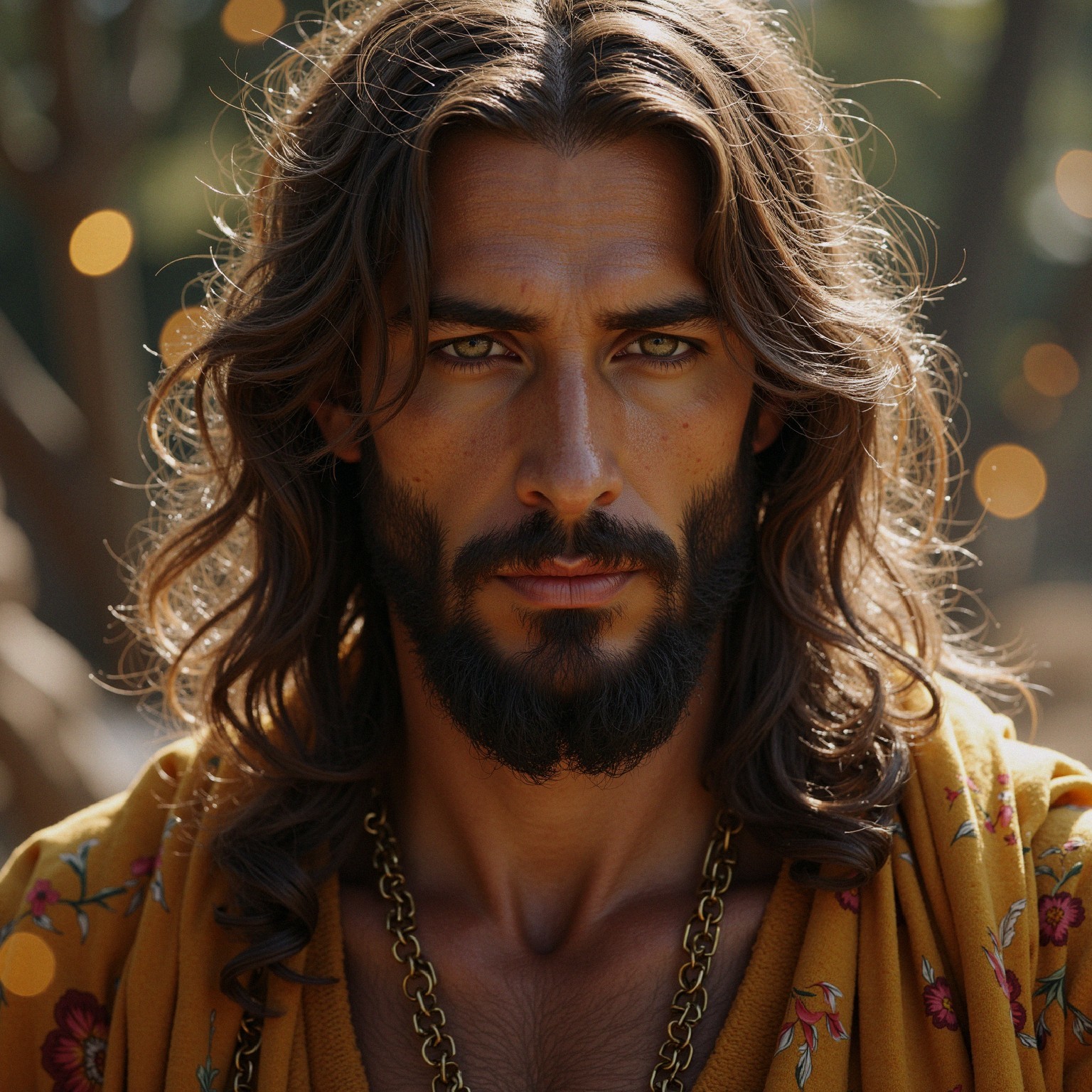 Striking Man in Floral Yellow Garment with Bokeh Background