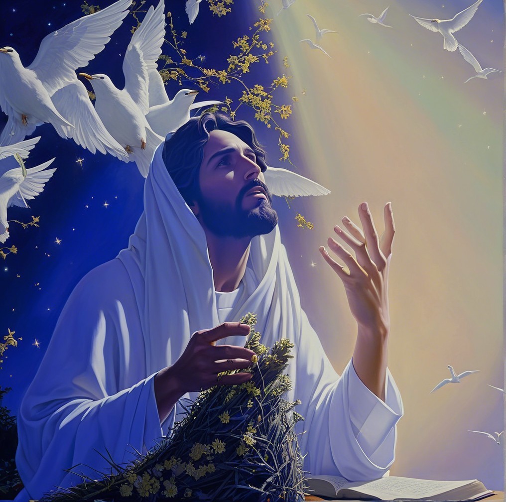 Serene Figure in White Surrounded by Doves and Flowers