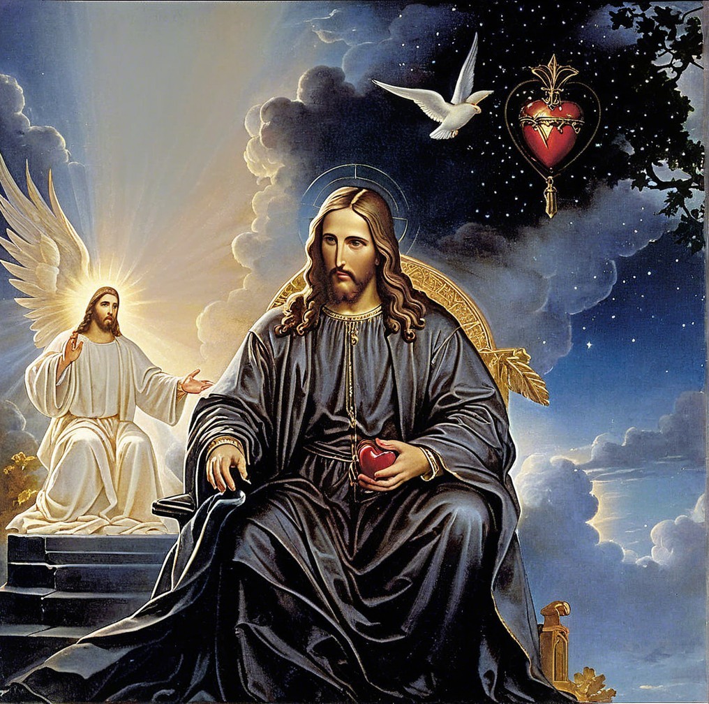 Celestial Scene of Jesus with Heart and Dove