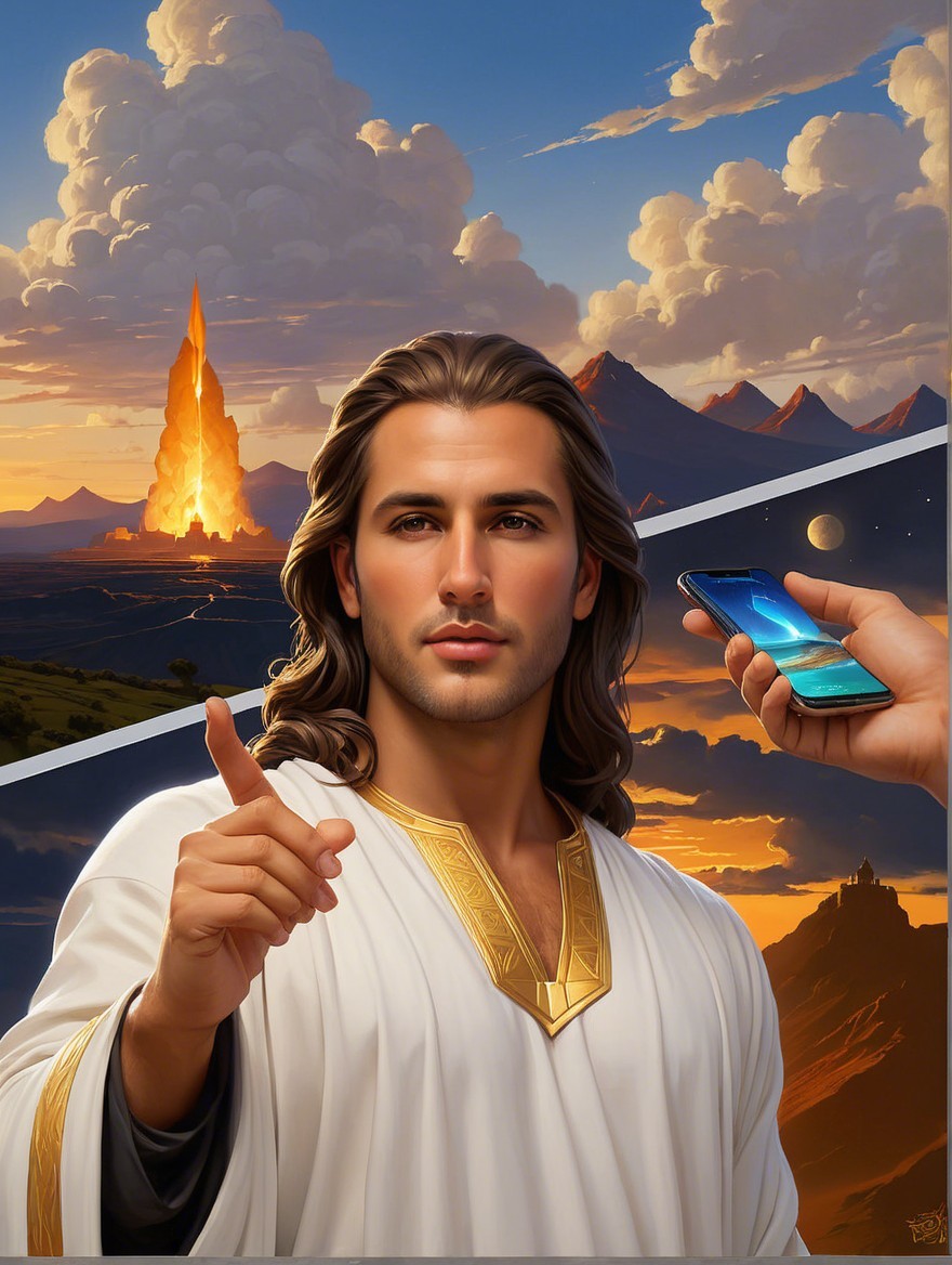 Serene Figure in White Robes with Mystical Tower Background