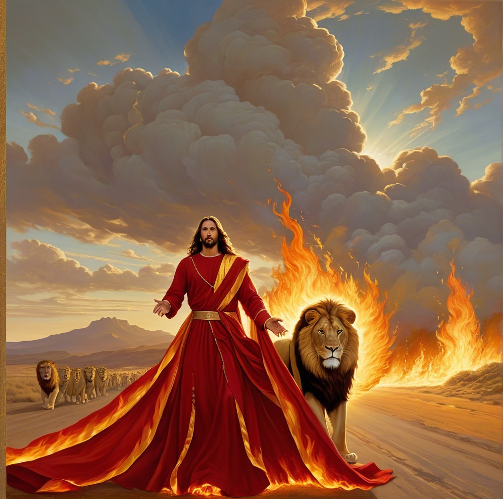 Majestic figure in red robes with lion and flames