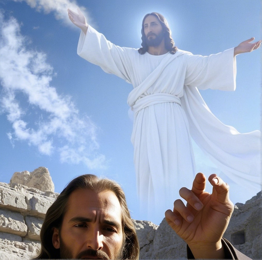 Jesus Christ in flowing robe against blue sky