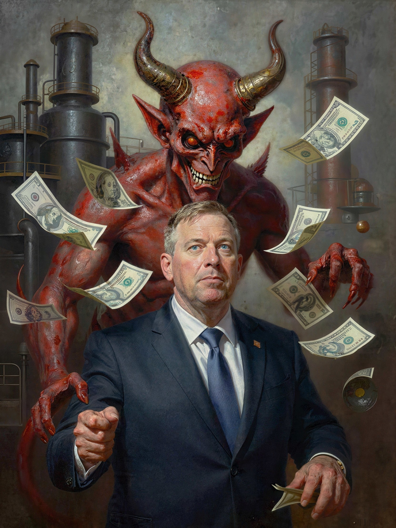 Dramatic Oil Painting of Man and Menacing Devil