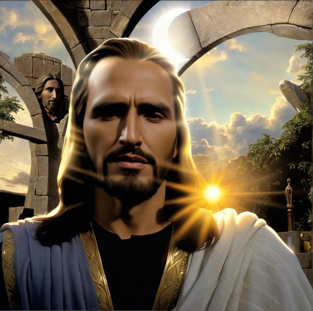 Serene Figure in White Robe Against Sunrise Background