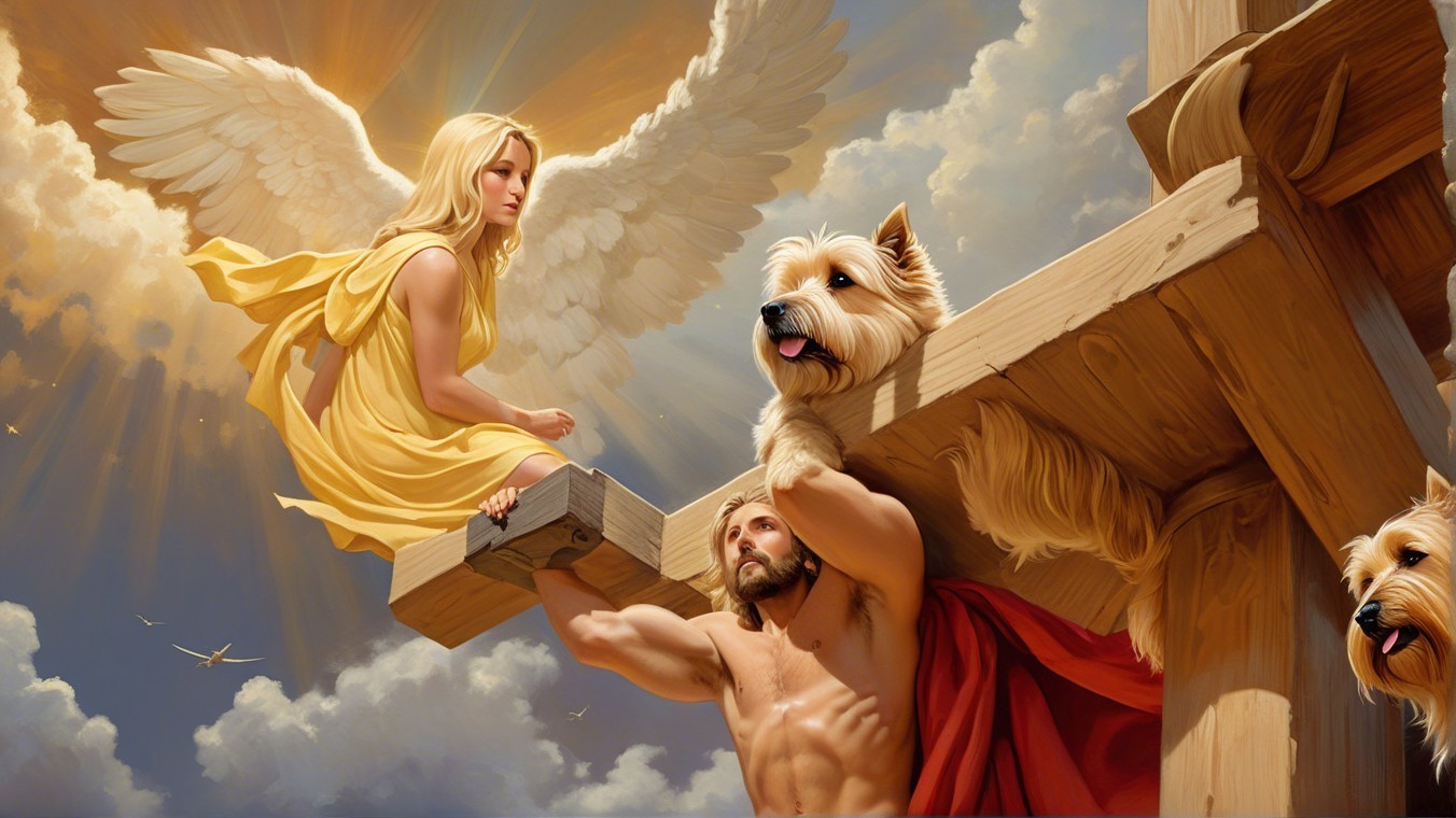 Dramatic scene with hero, angel, and playful dogs