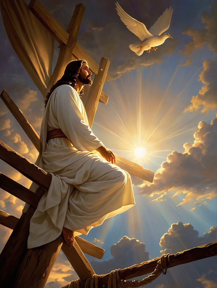 Serene figure in white robes under soft sunlight