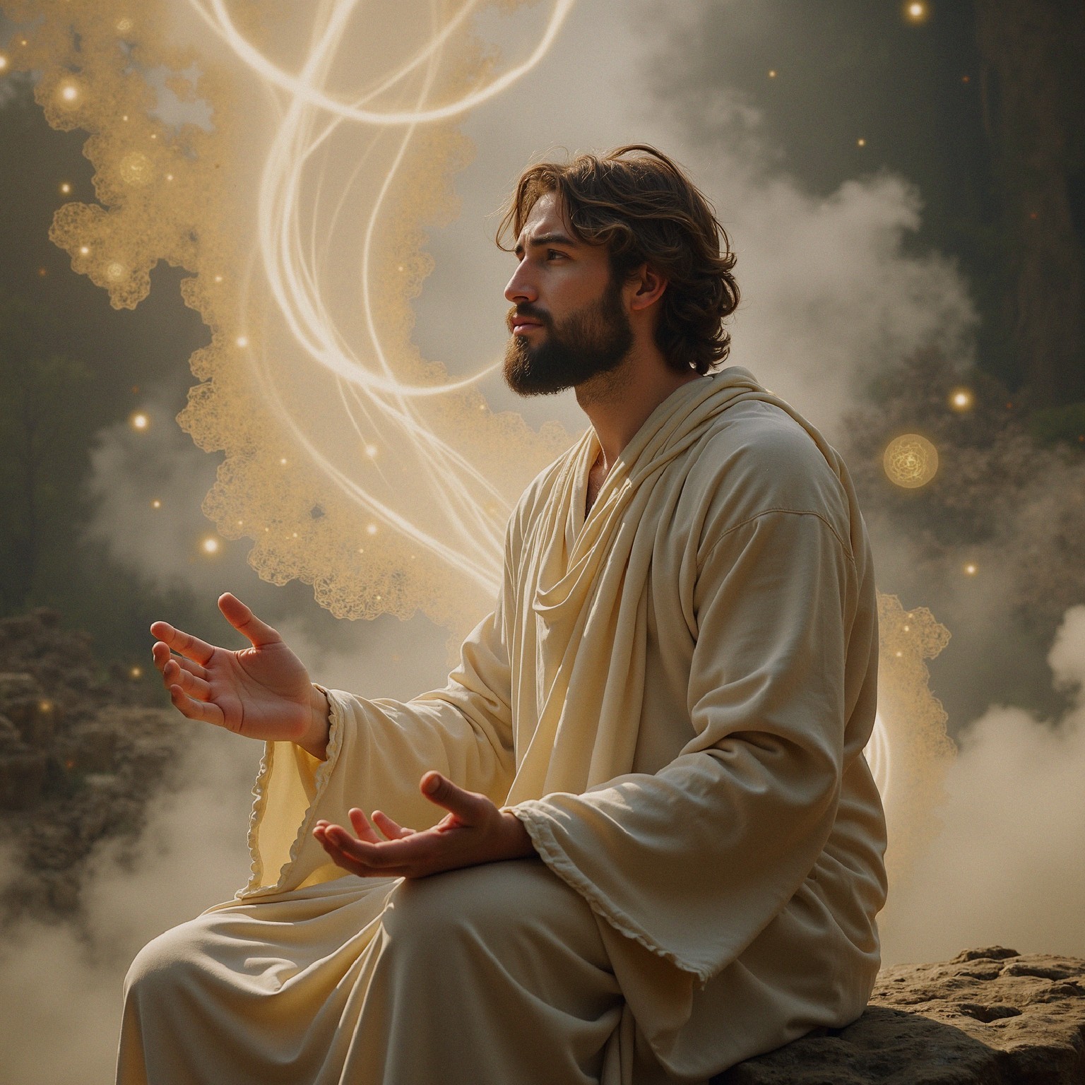 Contemplative Figure in Ethereal Light and Mist