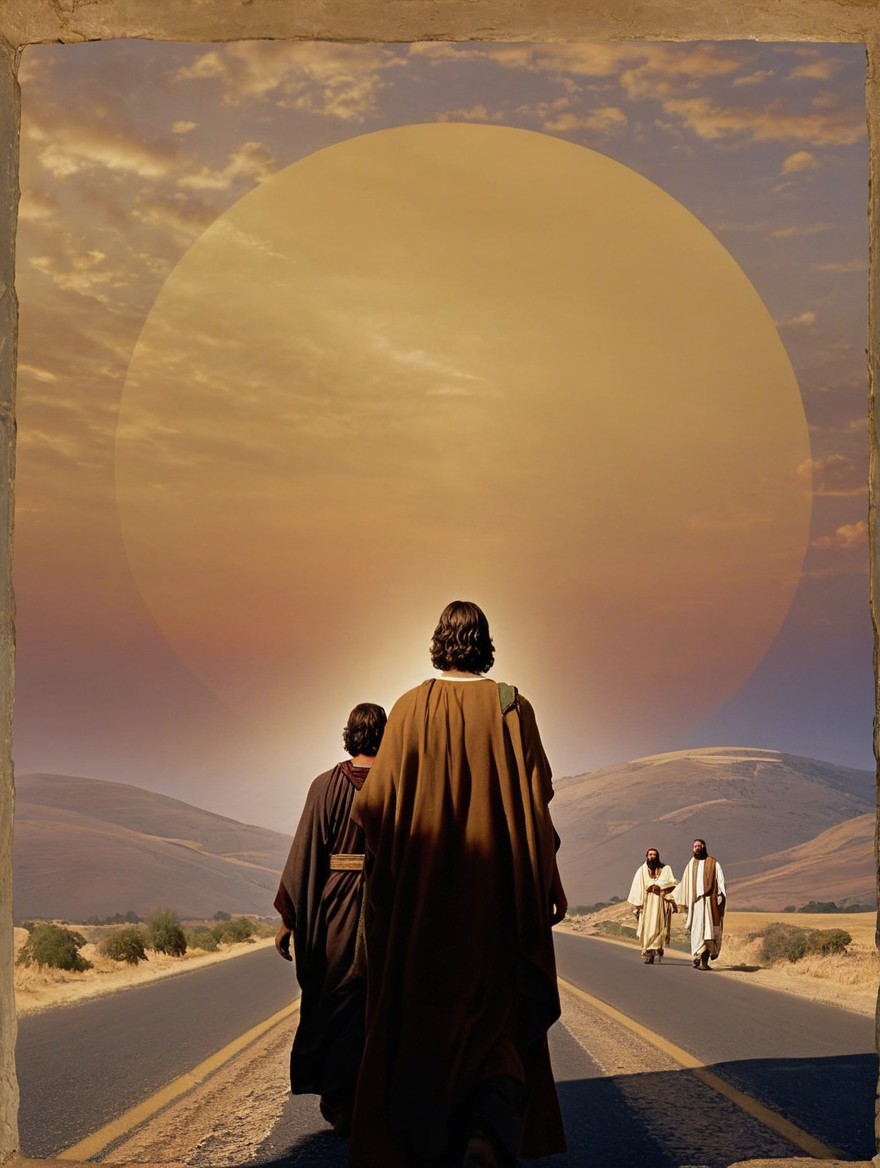 Figures in Traditional Robes Walking at Sunset Landscape