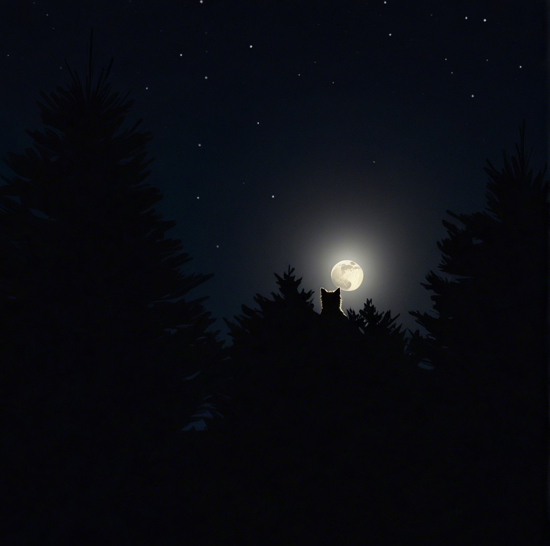 Nighttime Forest Scene with Moon and Silhouetted Animal