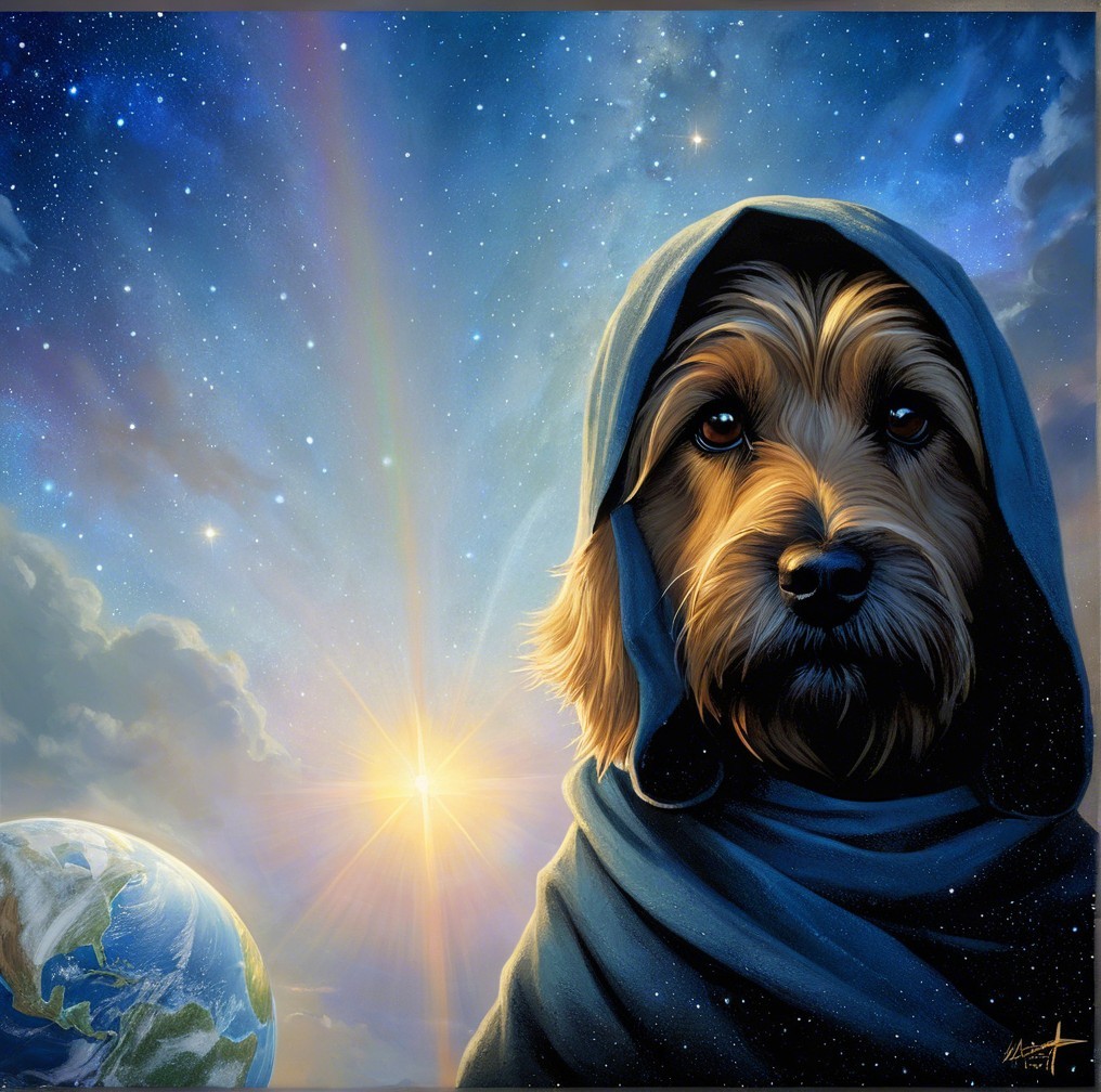 Wise Dog in Hood Gazing at Celestial Scene