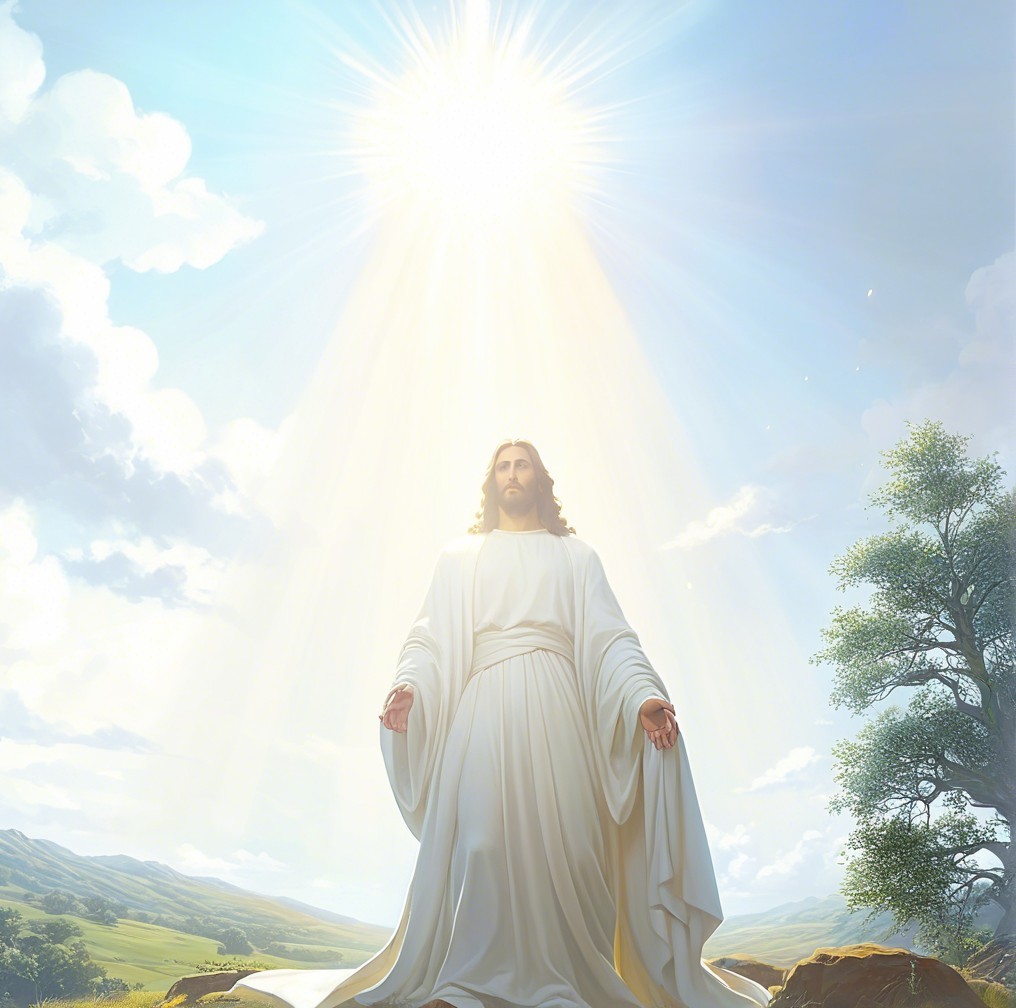 Serene figure in white robe under radiant light