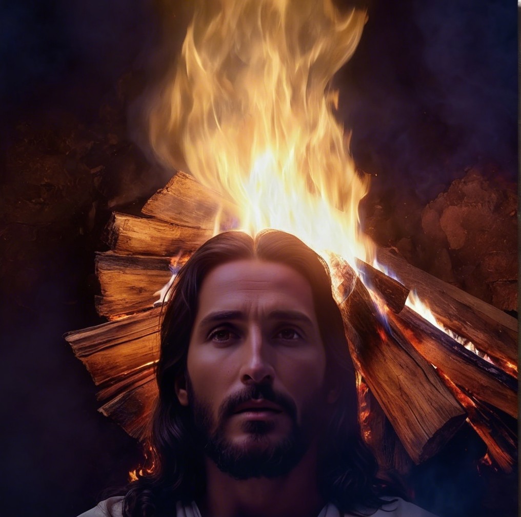 Man with Long Hair Surrounded by Glowing Fire