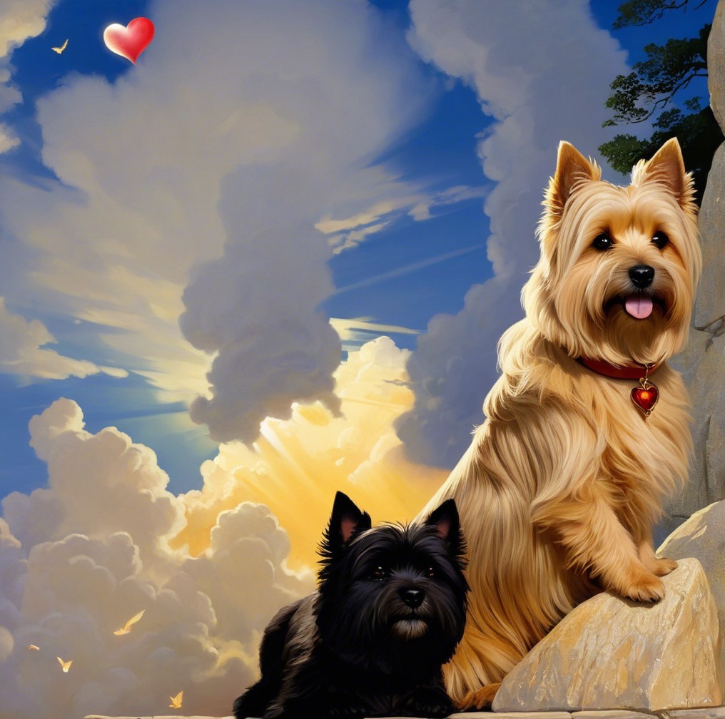 Dogs on Rocky Outcrop with Dramatic Clouds and Sunlight