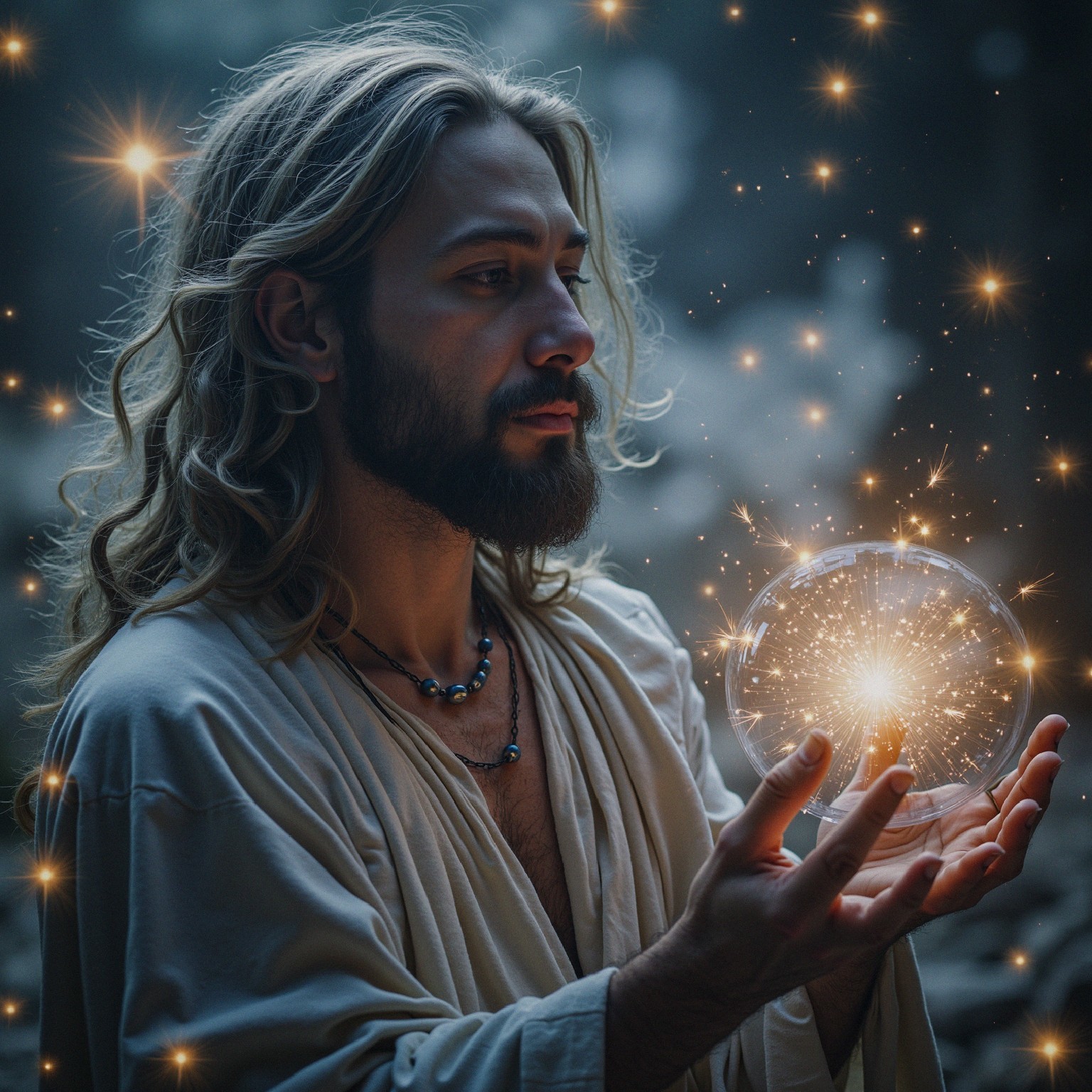 Serene figure in mystical forest with glowing orb