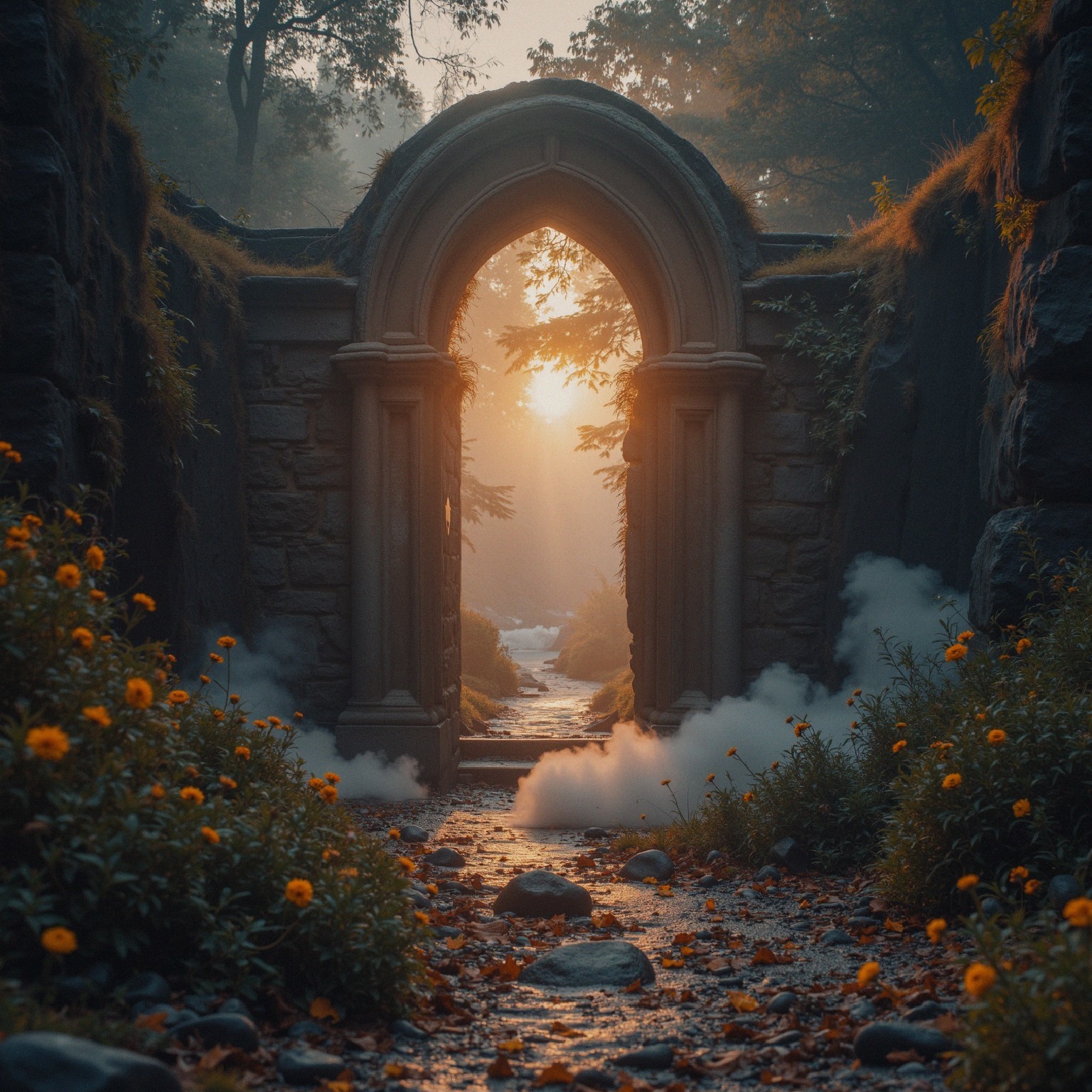 Mystical Stone Archway in Serene Misty Landscape