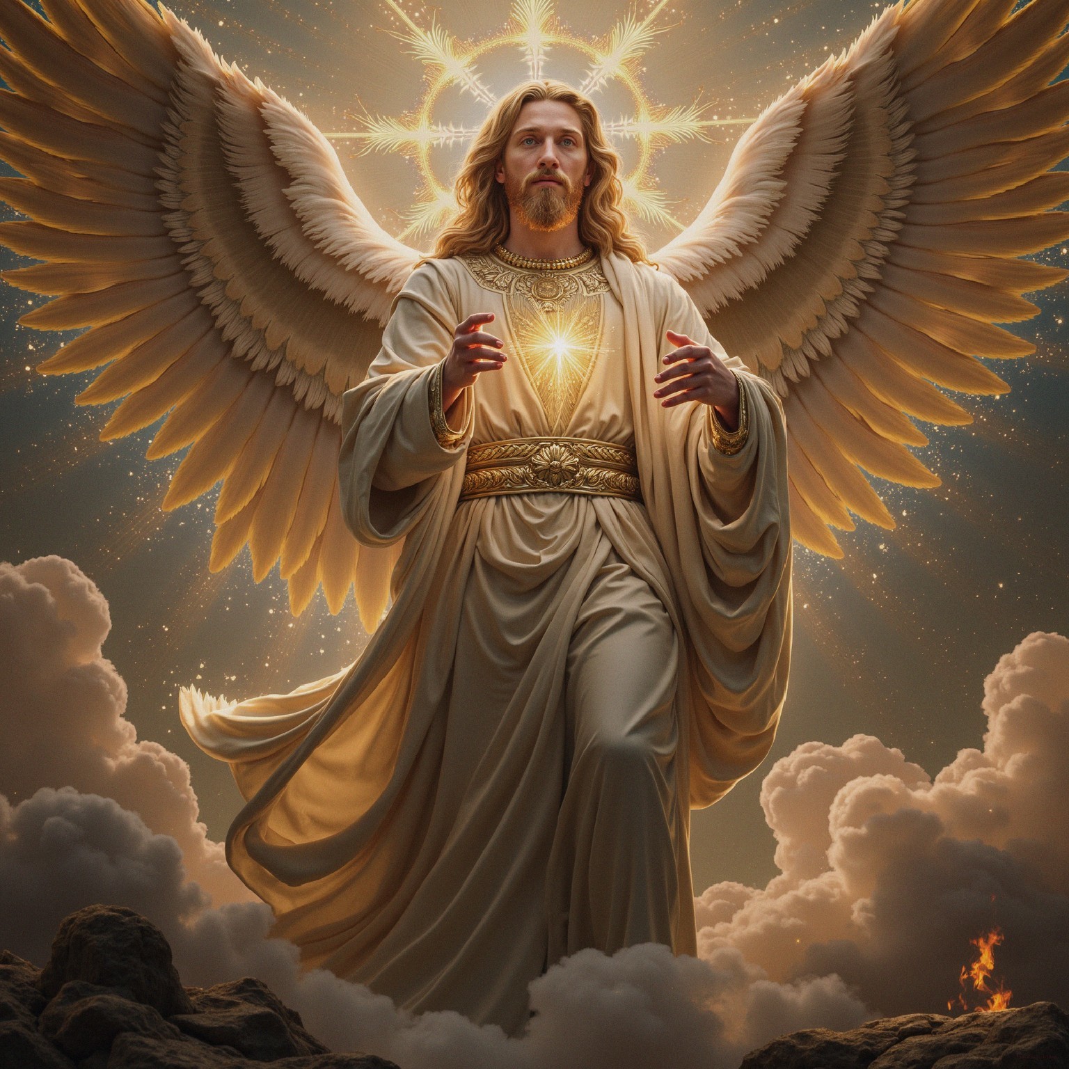 Majestic angel with feathered wings and glowing heart