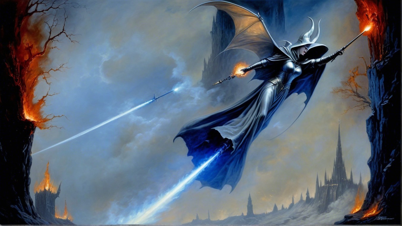 Dark Figure in Silver Armor Soaring Through Landscape