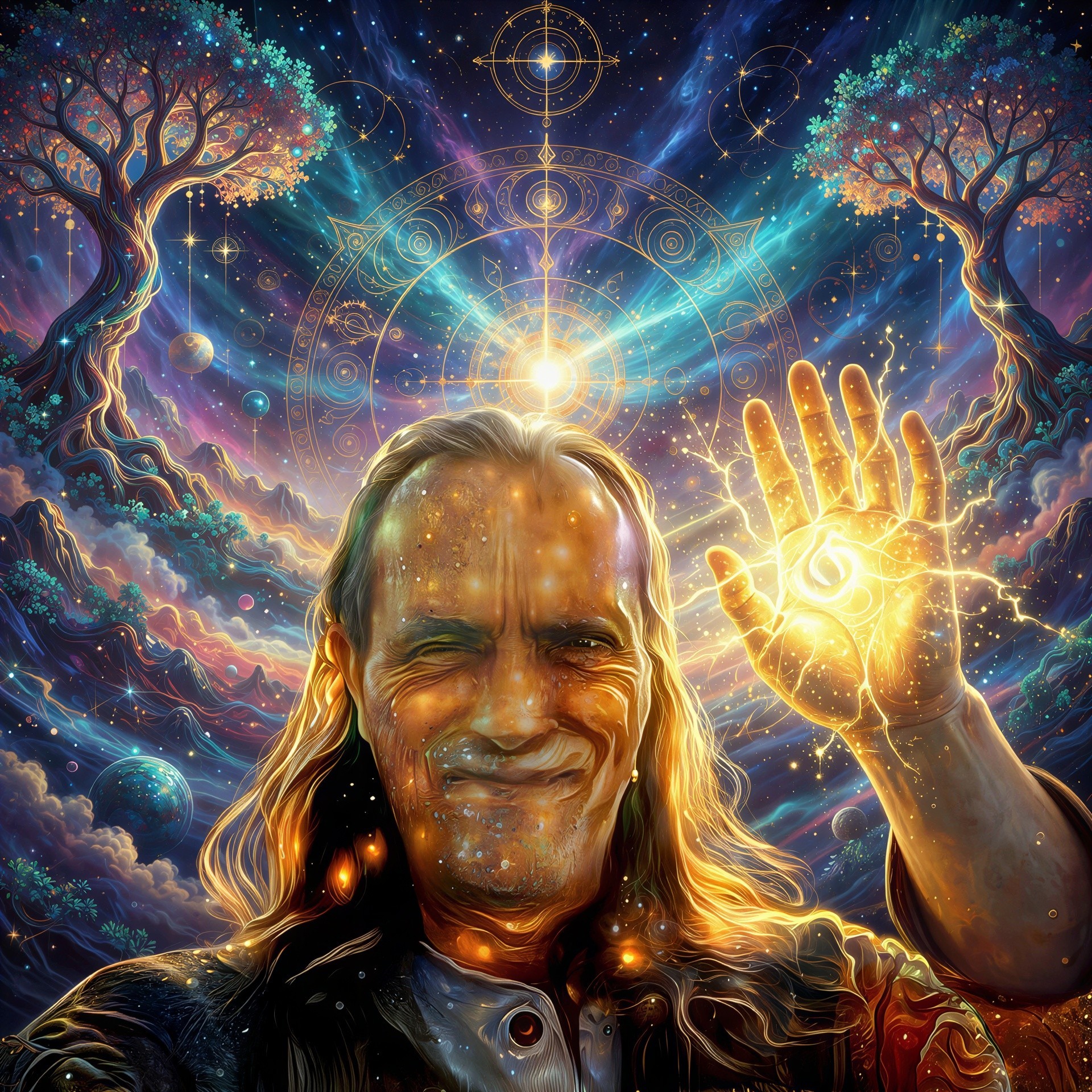 Mystical Man in Surreal Galactic Landscape with Light