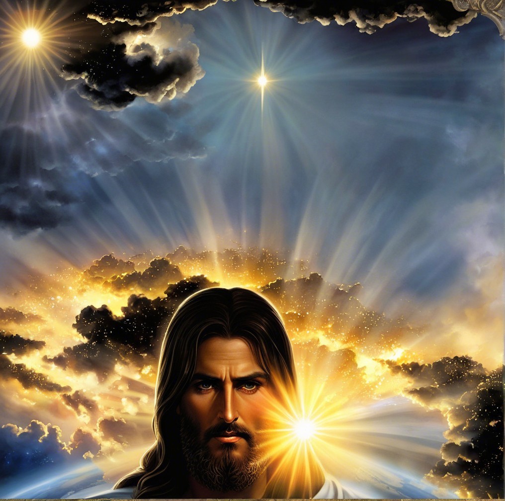 Serene figure in dramatic sky with celestial bodies