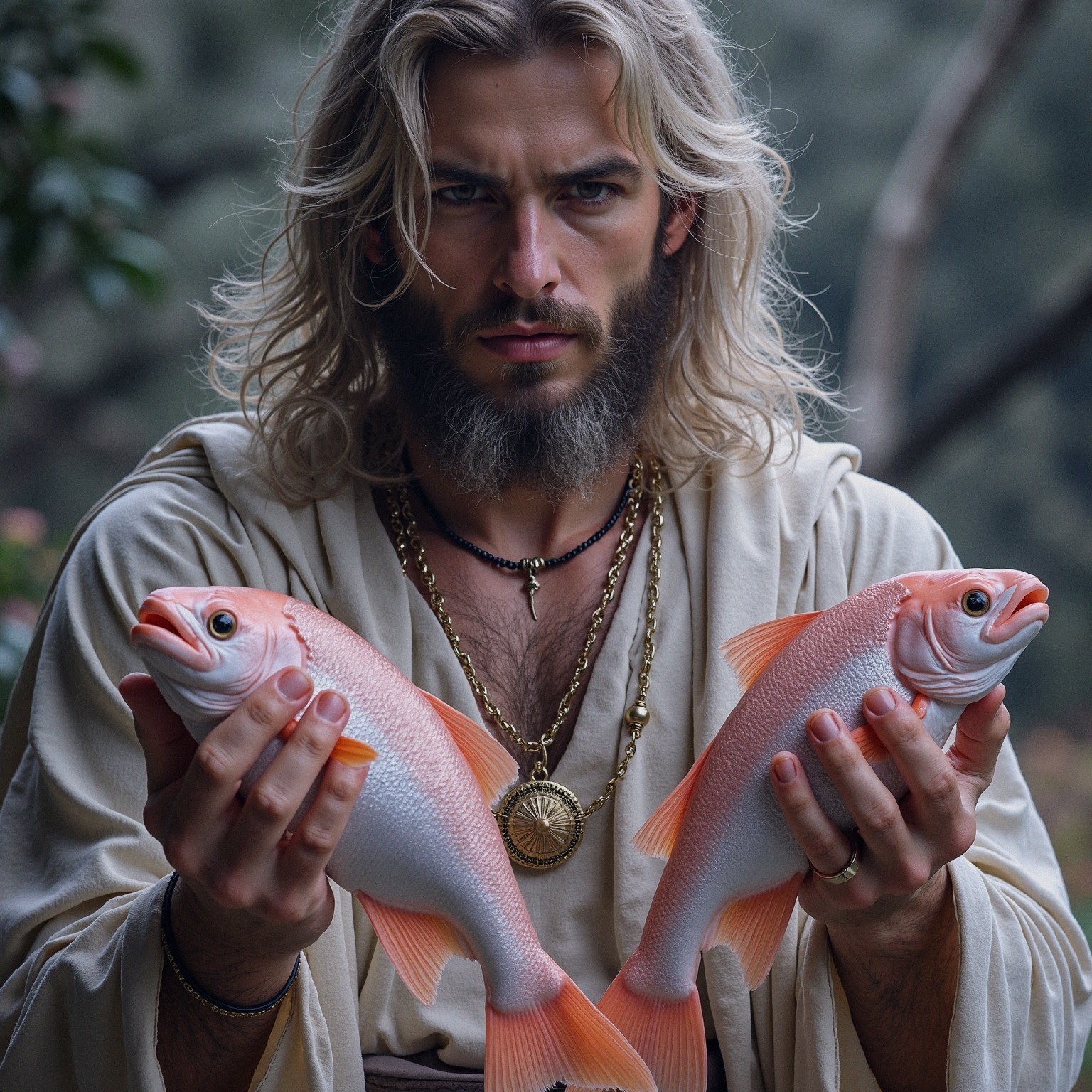 Man with Long Hair Holding Two Pink Fish Outdoors