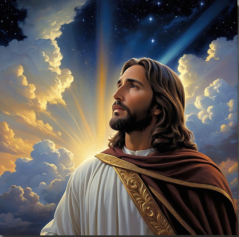 Serene Man in White Robe with Heavenly Background