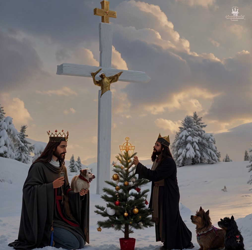 Two Kings in Winter Landscape with Christmas Tree
