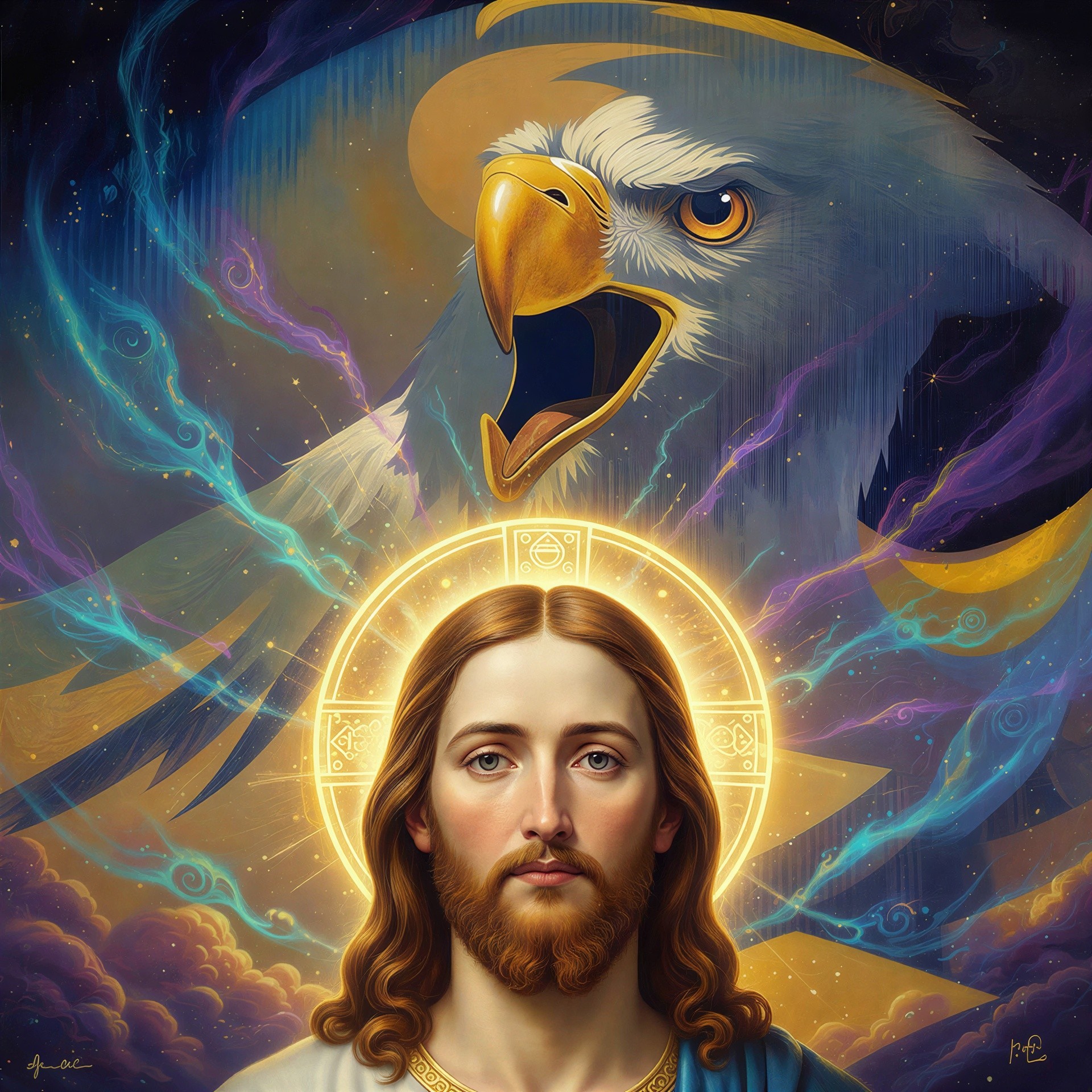 Jesus Christ with Eagle in Cosmic Artistic Rendering