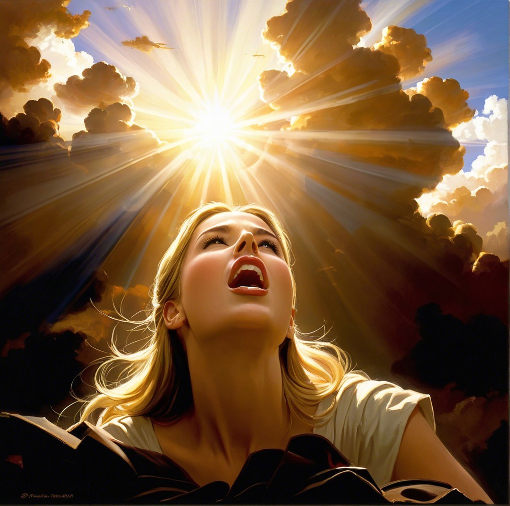 Woman in Awe Under Rays of Light and Dark Clouds
