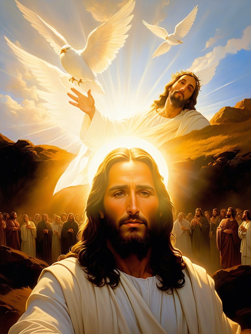 Radiant Scene of Jesus with Doves and Diverse Followers
