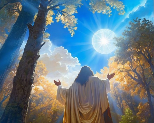 Serene Forest Scene with Figure and Radiant Sun