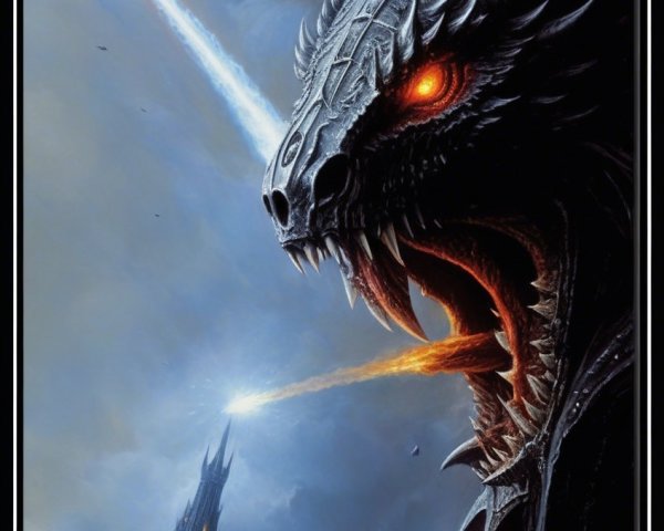 Dragon Head with Castle and Rockets in Fantasy Scene