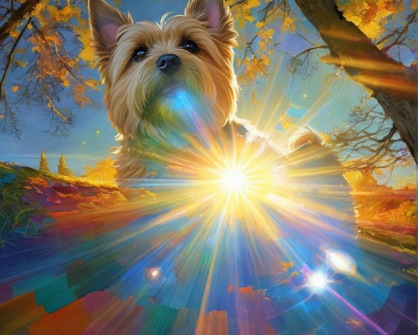 Fluffy Dog in Vibrant Autumn Landscape with Sunlight
