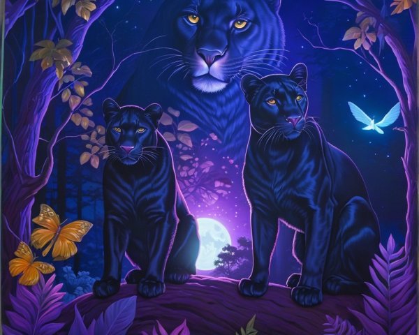 Black Panthers in a Mystical Twilight Setting