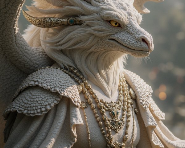 Majestic white dragon with golden accents and wings