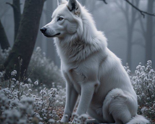 Majestic white wolf in a misty forest setting