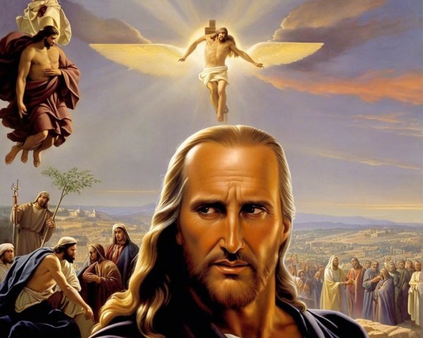 Serene depiction of a bearded man and ascending figure