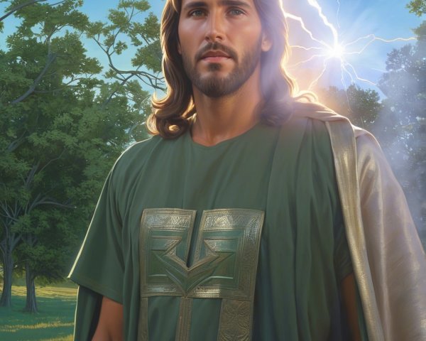 Heroic figure in lush landscape with golden patterns