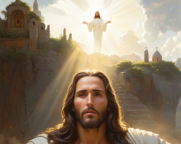 Majestic Jesus Christ on Luminous Staircase Scene