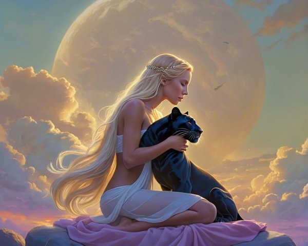 Young Woman Embracing Black Panther Under Moonlight