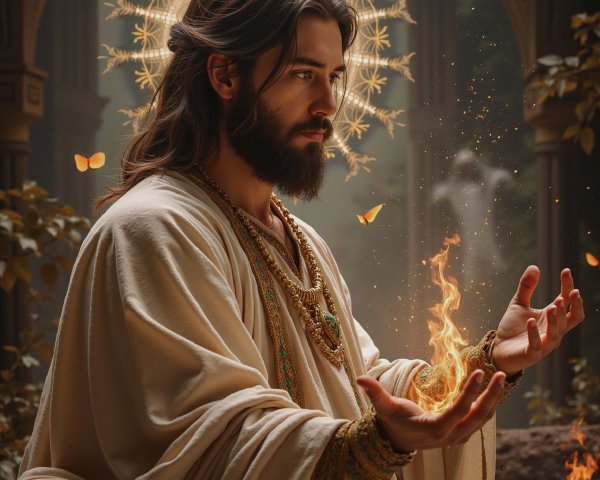 Mystical Man Surrounded by Flames and Butterflies