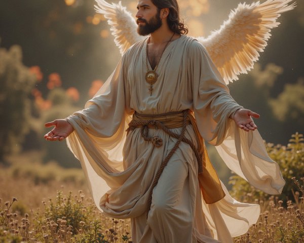 Serene figure with wings in a sunlit field